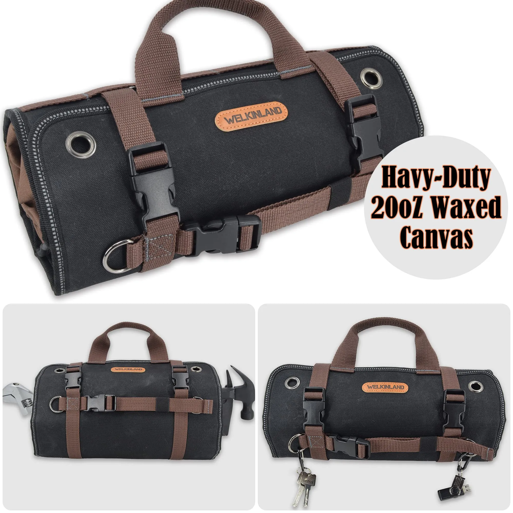 WELKINLAND Heavy-Duty Waxed Canvas Tool roll bags, 15-Pockets, 15L