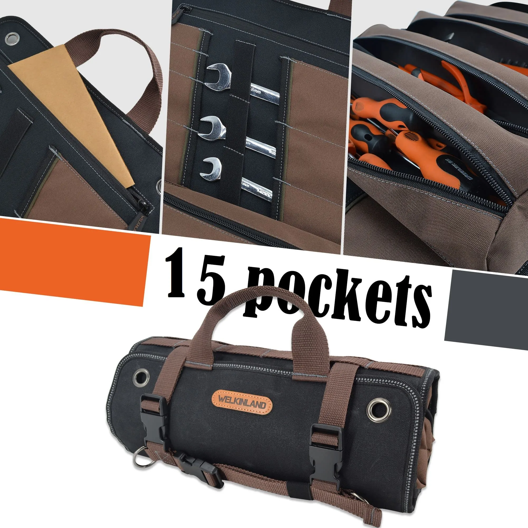WELKINLAND Heavy-Duty Waxed Canvas Tool roll bags, 15-Pockets, 15L