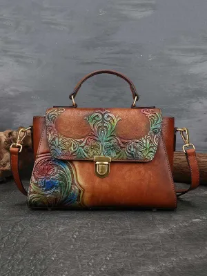 Women First Layer Cow Leather Luxury Handbag Vintage Handmade Embossed Shoulder Messenger Bags