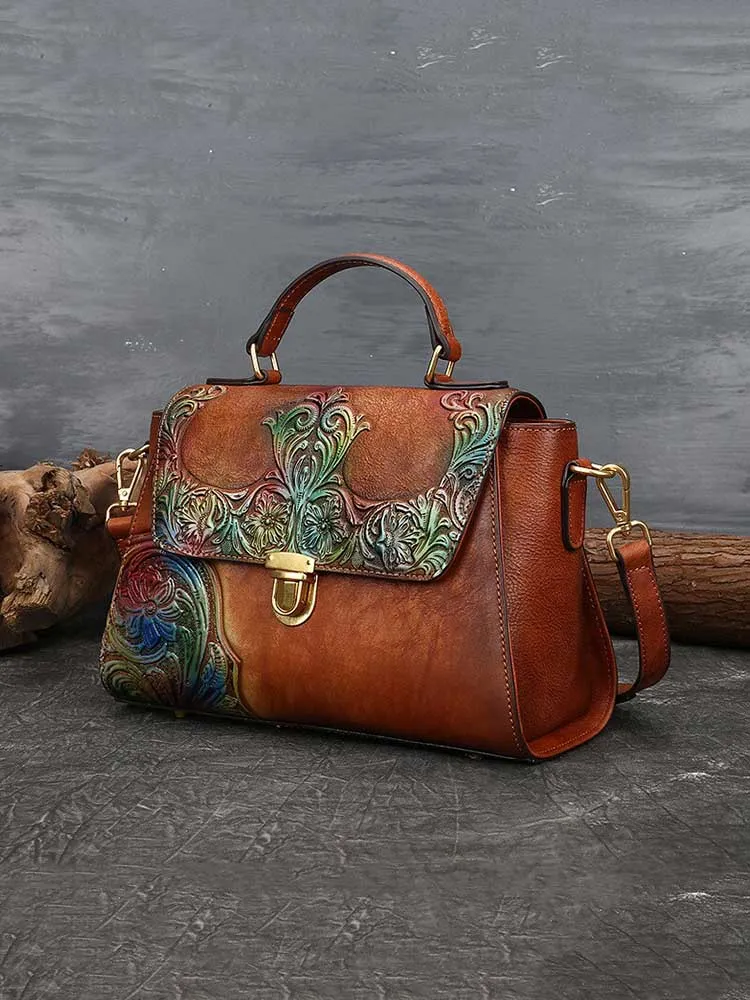 Women First Layer Cow Leather Luxury Handbag Vintage Handmade Embossed Shoulder Messenger Bags