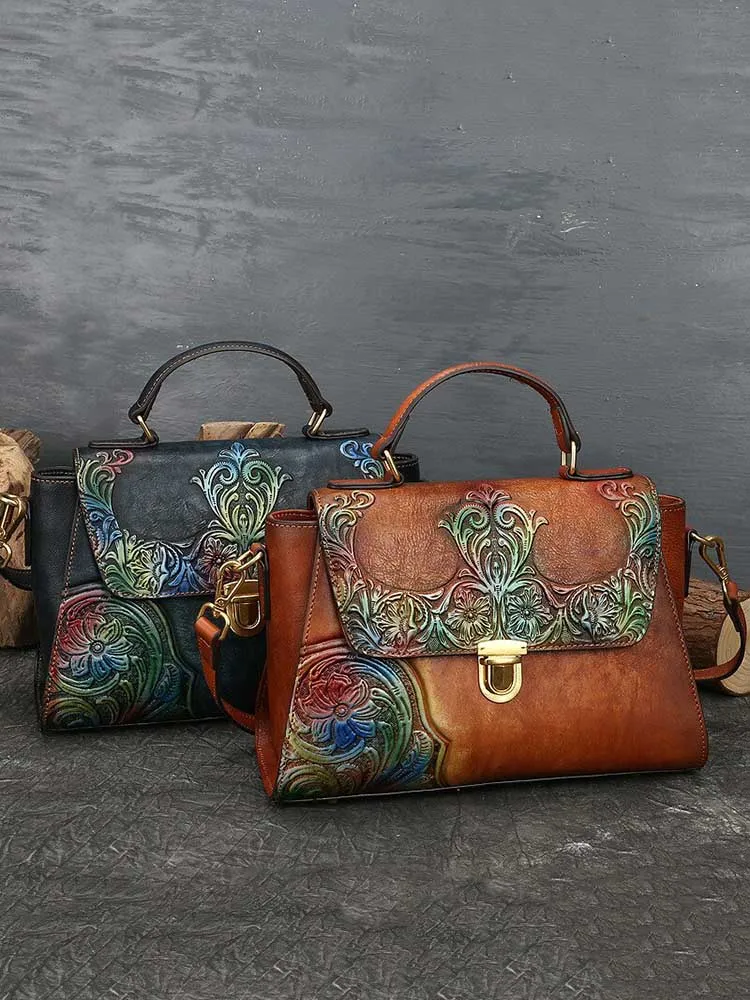 Women First Layer Cow Leather Luxury Handbag Vintage Handmade Embossed Shoulder Messenger Bags