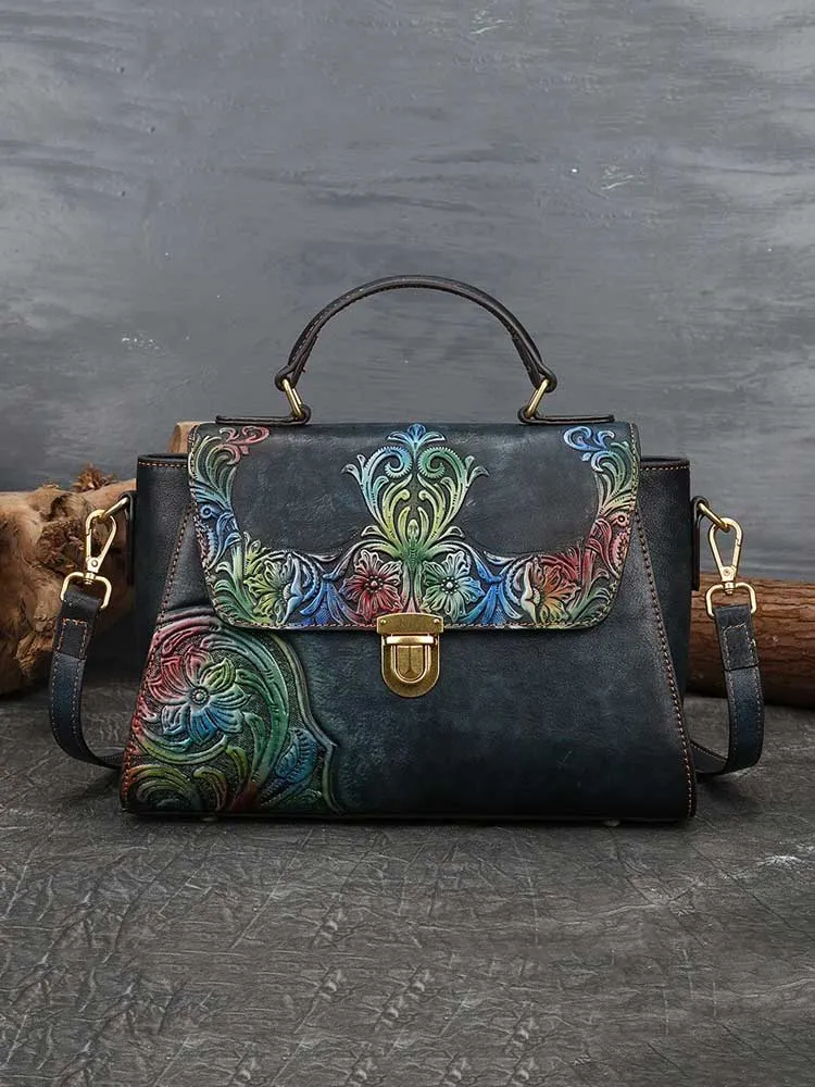 Women First Layer Cow Leather Luxury Handbag Vintage Handmade Embossed Shoulder Messenger Bags