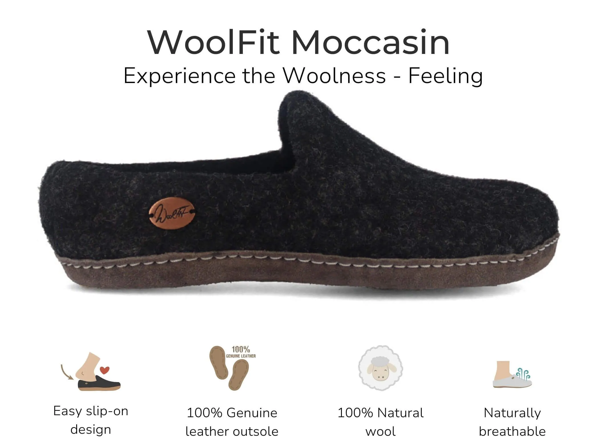 WoolFit Moccasin | Felt Slippers with Footbed & Leather Sole