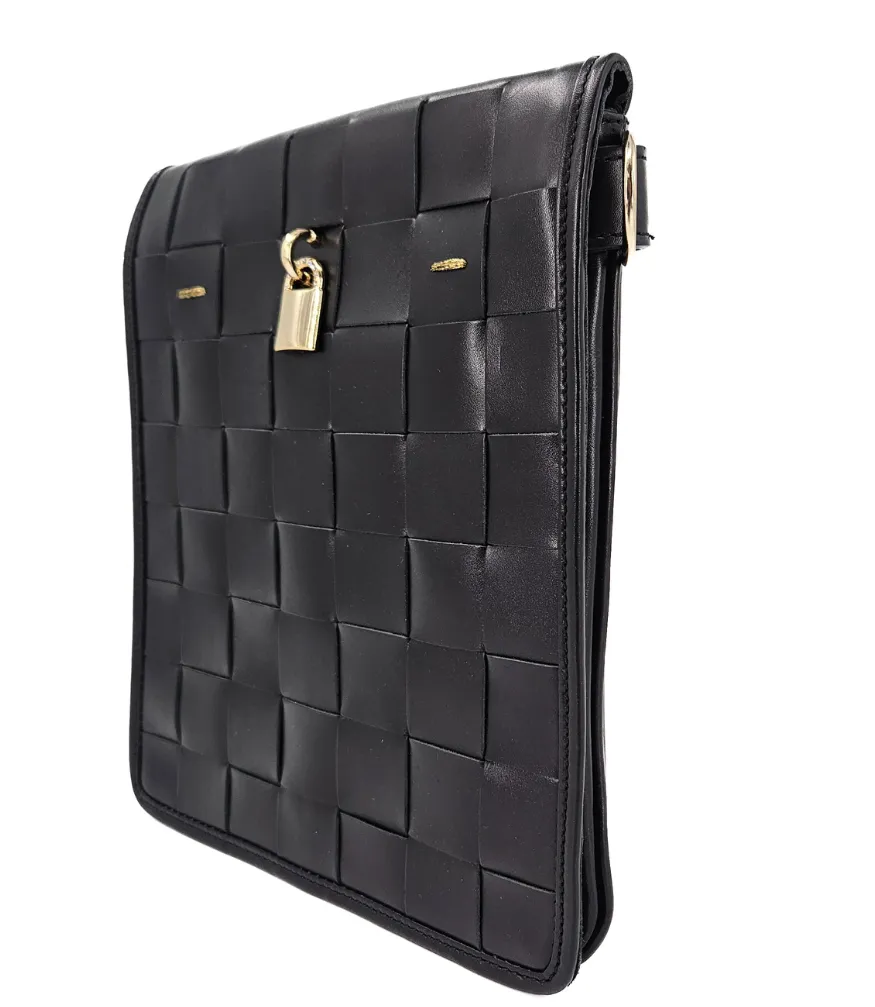 Woven Leather Black Crossbody Bag