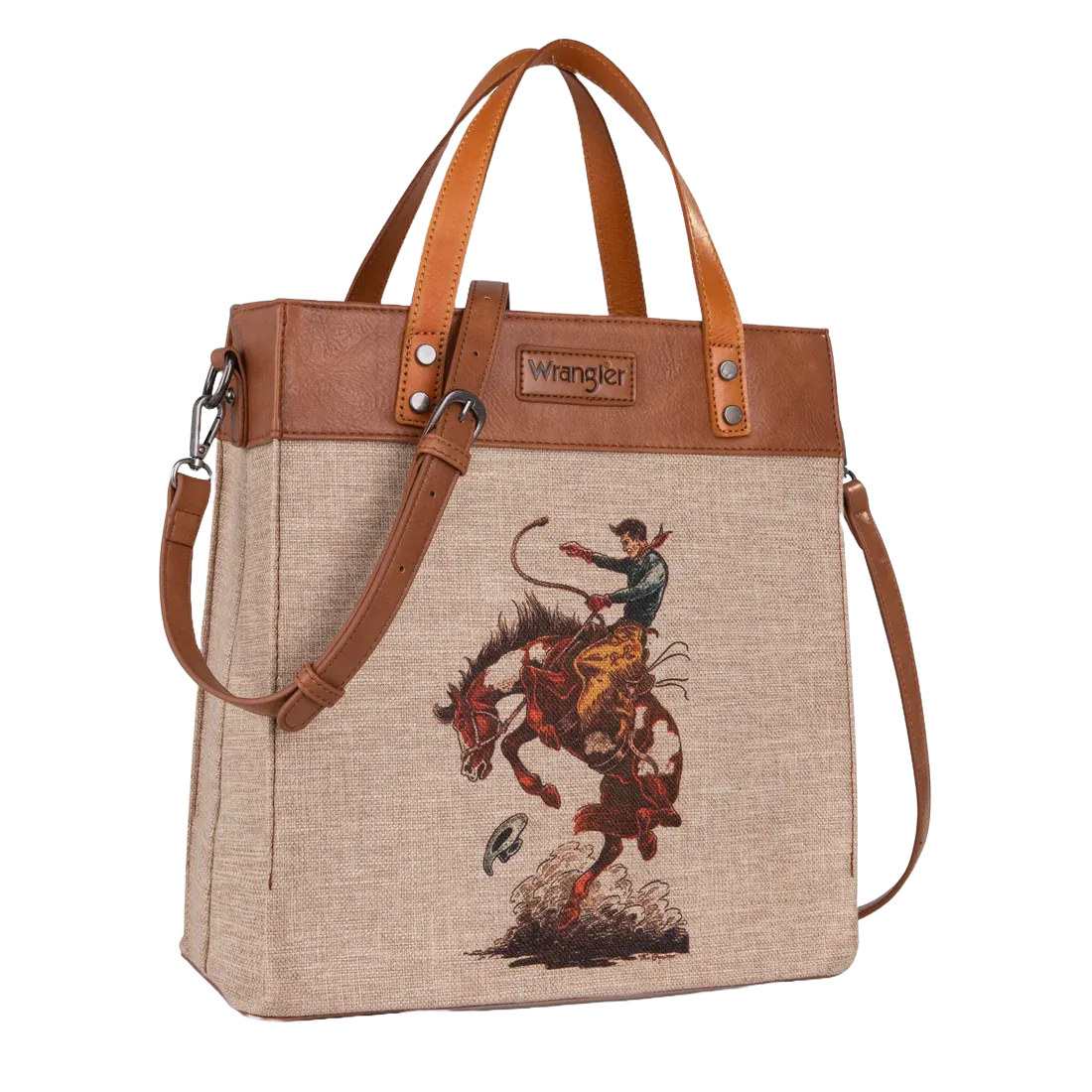 Wrangler Ladies Bucking Bronco Canvas Tan Crossbody Tote Bag
